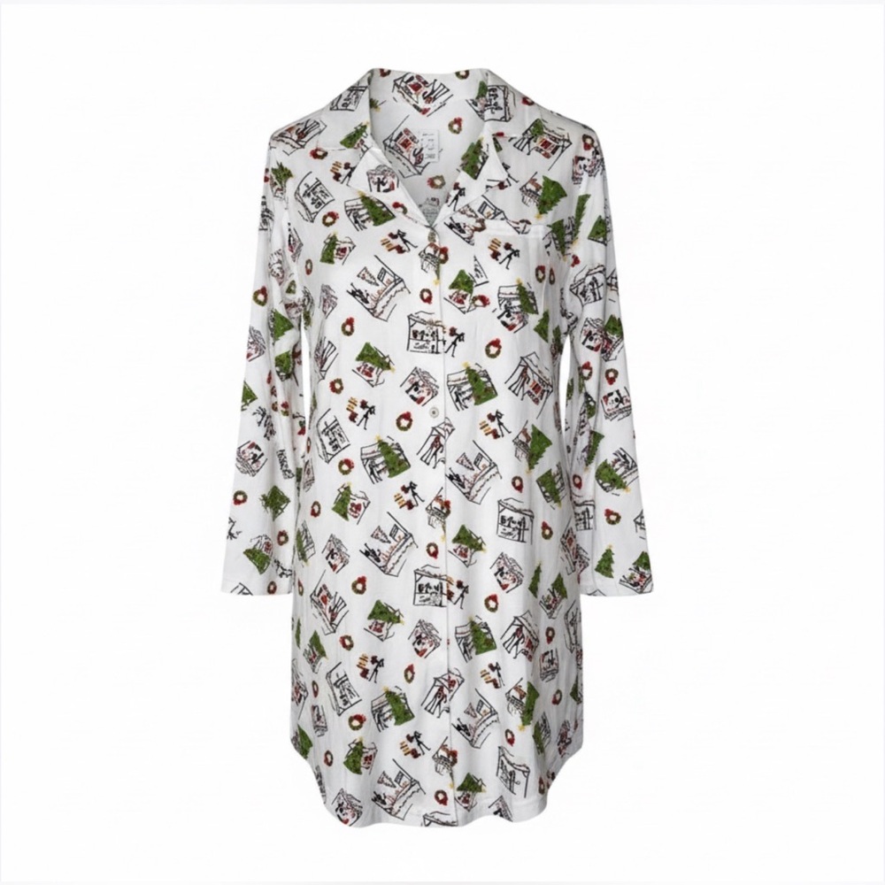 Echo Holiday Market White Sleep Shirt Women’s Size Large Notch Collar Christmas